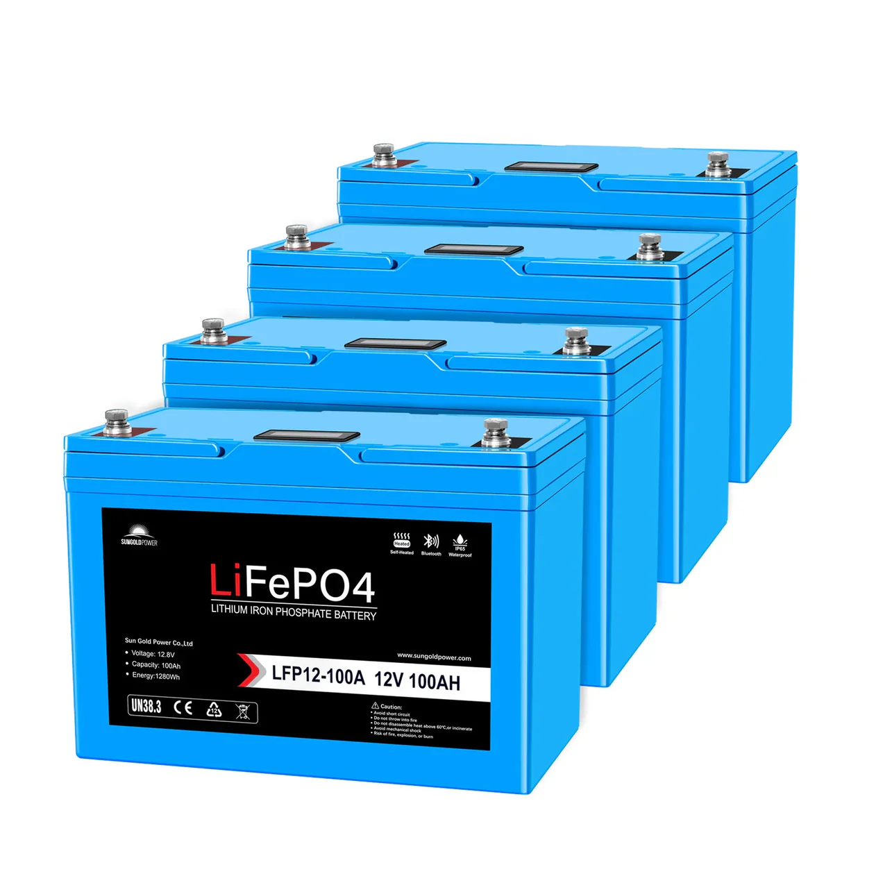 100AHX4 LiFePO4 solar battery bank 4x12V 100Ah SunGoldPower Bluetooth self-heating IP65