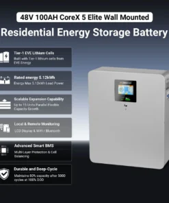 48 volt lithium battery CoreX 5 Elite wall mount 100Ah WiFi Bluetooth EVE cells